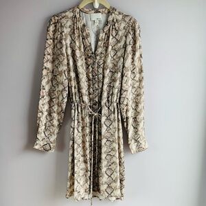 Anthropologie Greylin Dress Tan Animal Print Button Front Cinch Waist Office XS